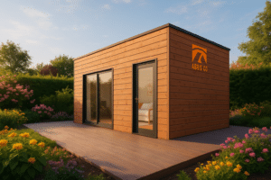 Abri de jardin personnalisable en bois naturel avec toiture plate dans un jardin moderne en Franche-Comté