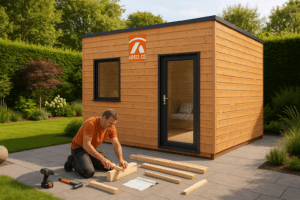 Abri de jardin bois moderne en kit facile à monter avec notice et outils dans un jardin contemporain