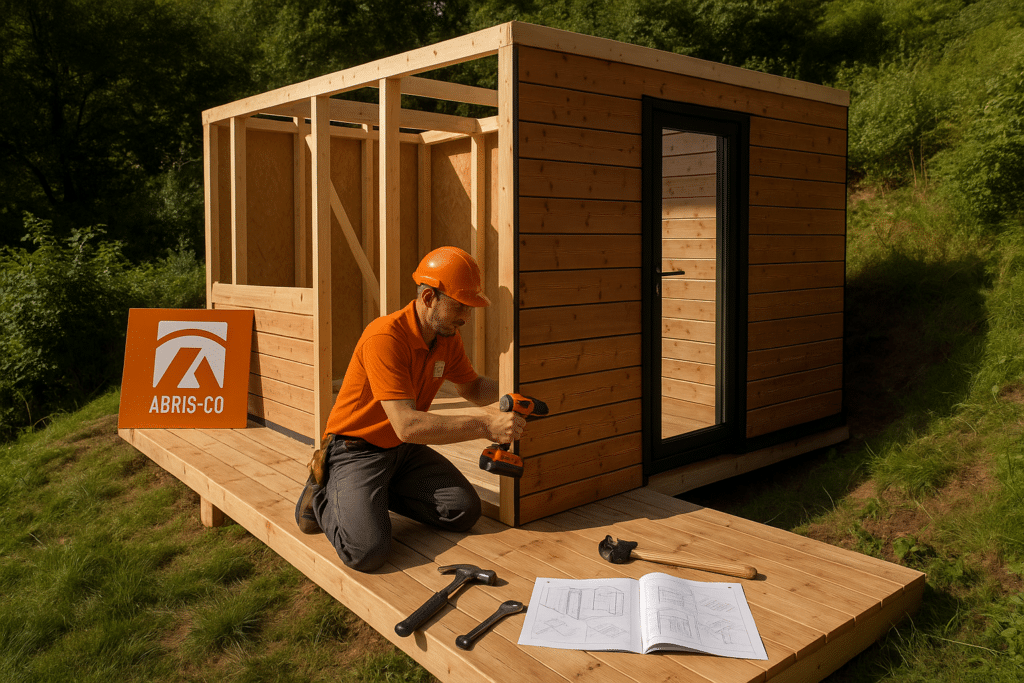 Montage d’un abri de jardin personnalisable ossature bois en kit sur terrain en pente