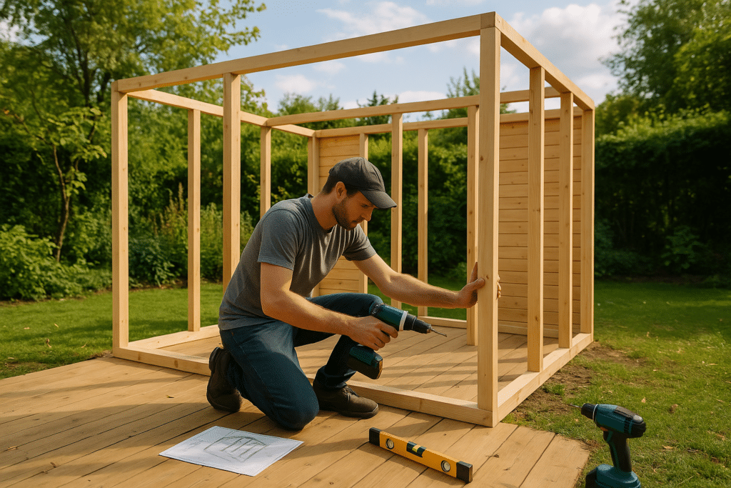 Montage d’un abri de jardin kit bois par un particulier avec outils et plan