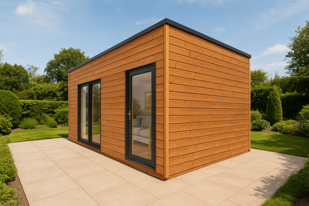 Abri de jardin bois moderne avec toit plat et bardage durable au rendu soigné