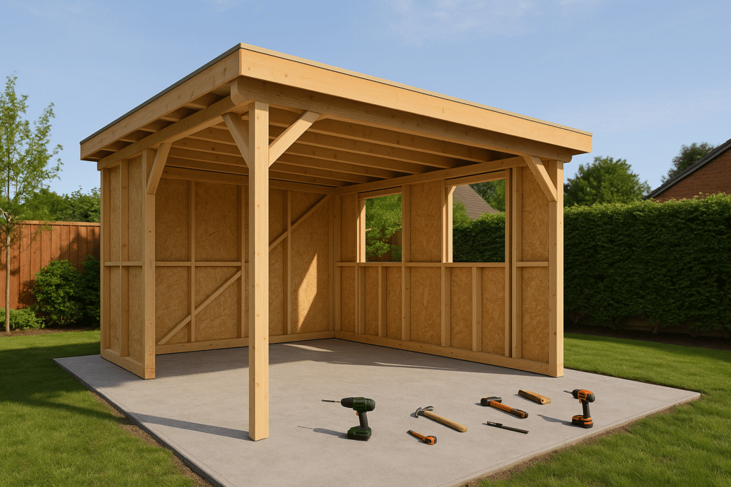 Votre checklist essentielle pour choisir un carport moderne en bois réussi 1 Montage d’un carport moderne bois en kit dans un jardin urbain, étape d’autoconstruction