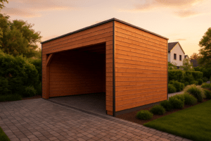 Carport moderne en bois dans un jardin contemporain avec finitions soignées et éclairage naturel au coucher du soleil