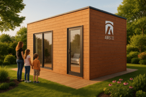 Abri bois made in France moderne dans un jardin contemporain avec finitions naturelles et toit plat