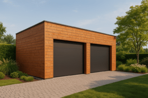 Garage bois 2 voitures moderne avec toit plat et bardage naturel dans un jardin contemporain en Bourgogne-Franche-Comté