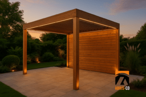 Pergola bois sur mesure moderne dans un jardin aménagé avec terrasse en pierre, lumière naturelle douce, finitions soignées en bois naturel