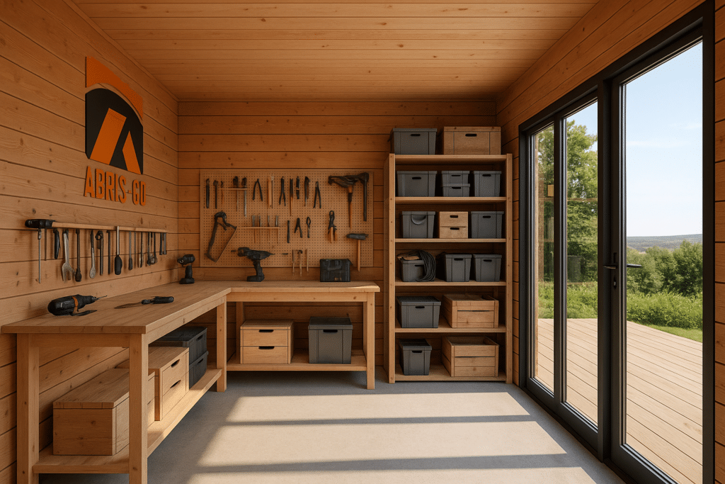 Atelier intégré dans un garage bois, espace de travail fonctionnel et lumineux avec rangements