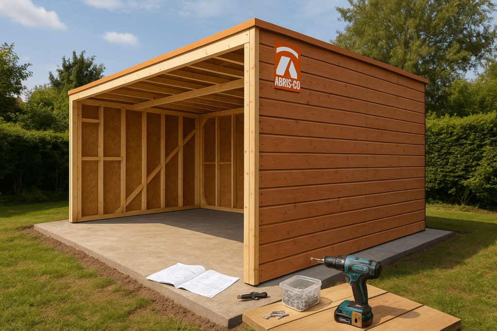 Le guide complet pour réussir votre projet 1 Montage partiel d’un garage bois toit plat en kit dans un jardin, focus sur l’ossature et le bardage