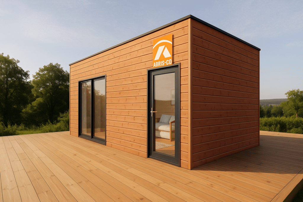 Studio de jardin bois sur mesure en kit dans un jardin du Jura, construction ossature bois personnalisée