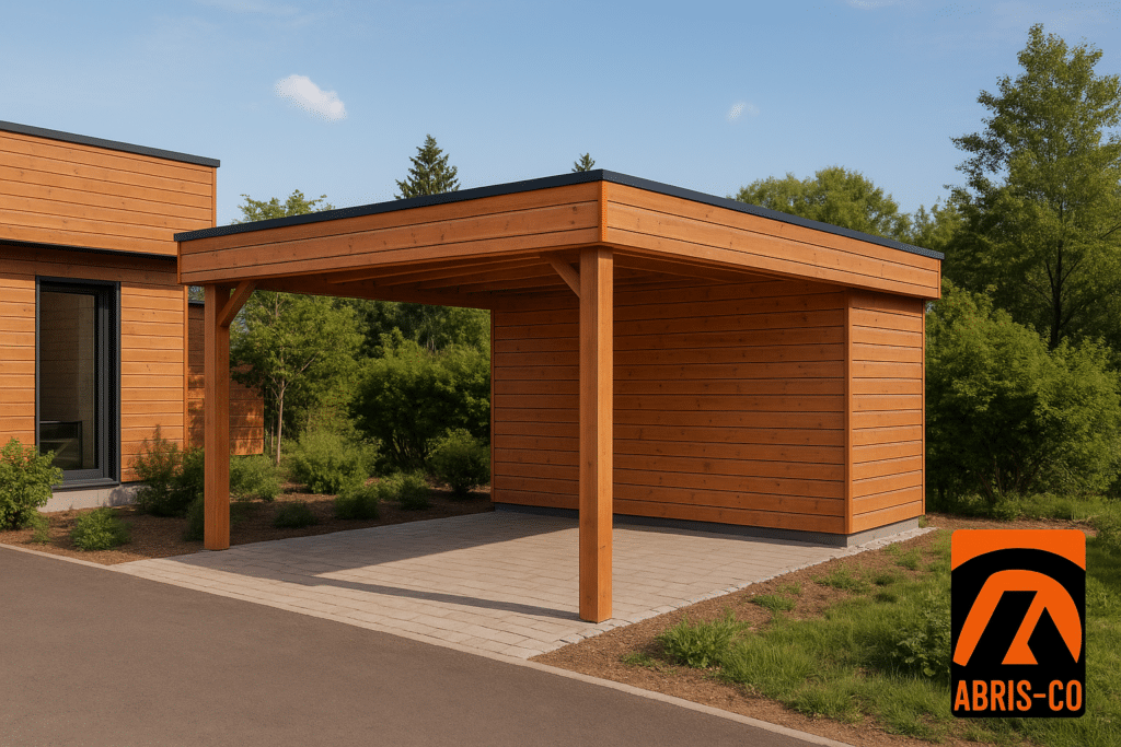 Carport bois moderne fabriqué dans le Jura, intégré à une maison contemporaine en Bourgogne-Franche-Comté