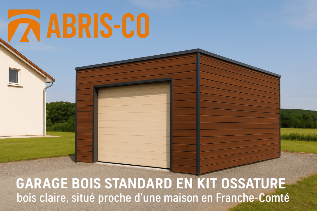 Savoir choisir entre garage bois sur mesure et garage bois standard 1 Garage ossature bois standard en kit sur terrain plat en Franche-Comté