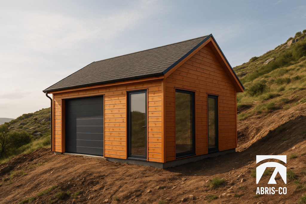 Savoir choisir entre garage bois sur mesure et garage bois standard 2 Garage bois sur mesure avec toiture à deux pentes sur terrain en pente, vue de chantier