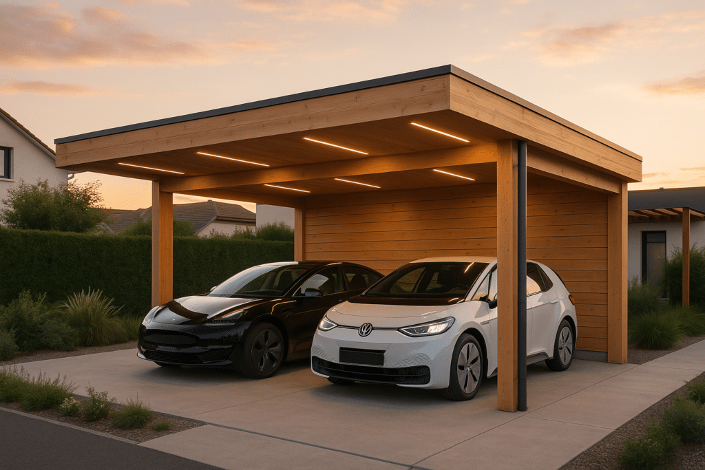 Les nouvelles tendances du carport bois sur mesure en 2026 2 Carport bois design sur mesure toit plat avec éclairage LED dans cadre urbain résidentiel moderne