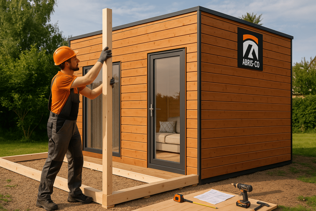 Étape de montage d'un abri de jardin contemporain en kit en ossature bois