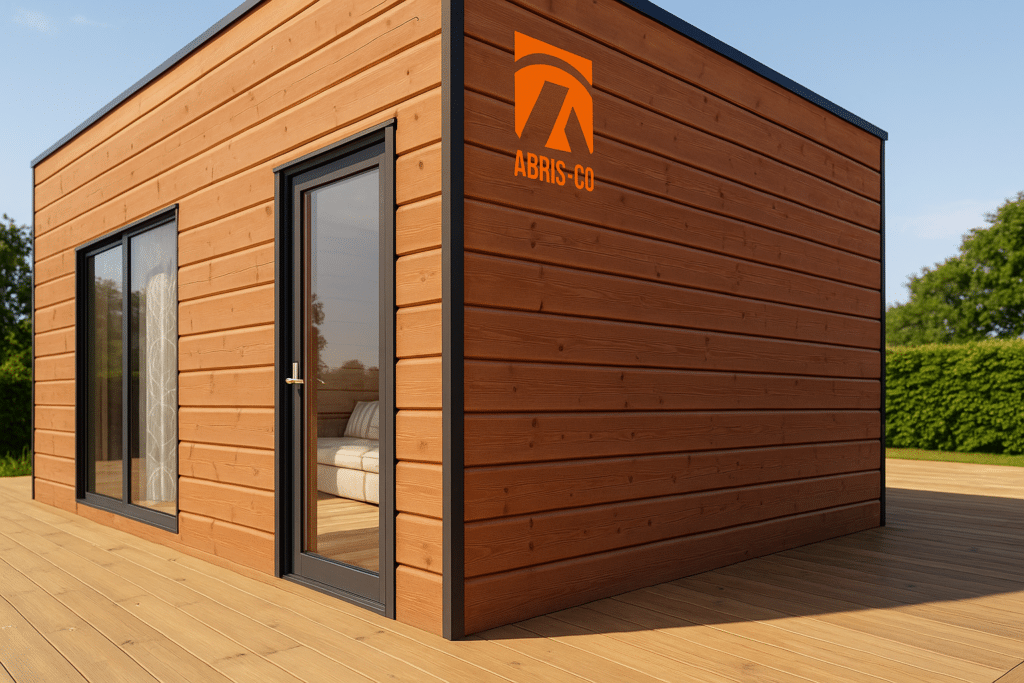 Détail technique du bardage et toiture d’un abri de jardin contemporain en kit