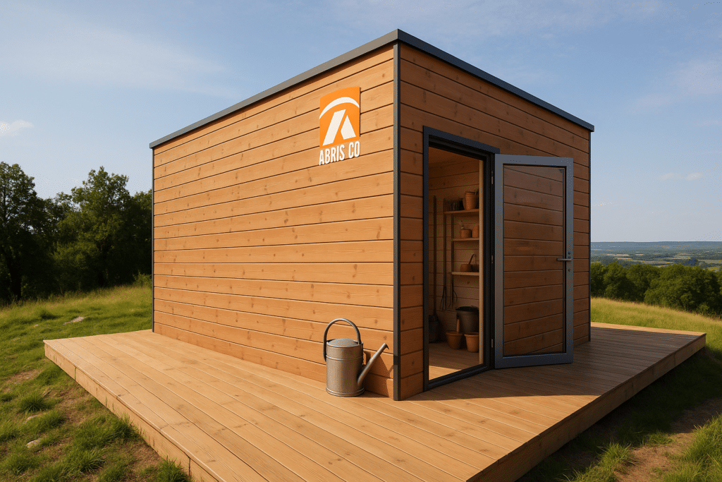 Quels avantages face aux toitures classiques ? 1 Abri de jardin bois toit plat sur terrain en pente avec rangement outils
