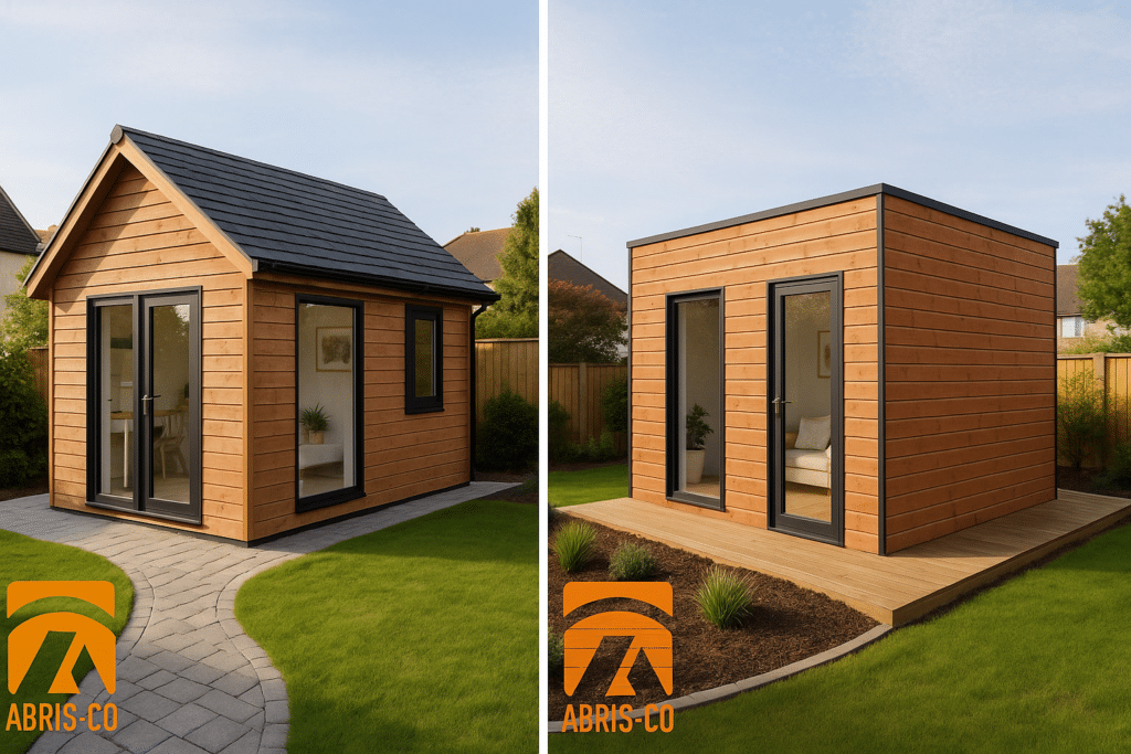 Quels avantages face aux toitures classiques ? 2 Comparatif visuel abri de jardin bois toit plat vs toit en pente en milieu urbain
