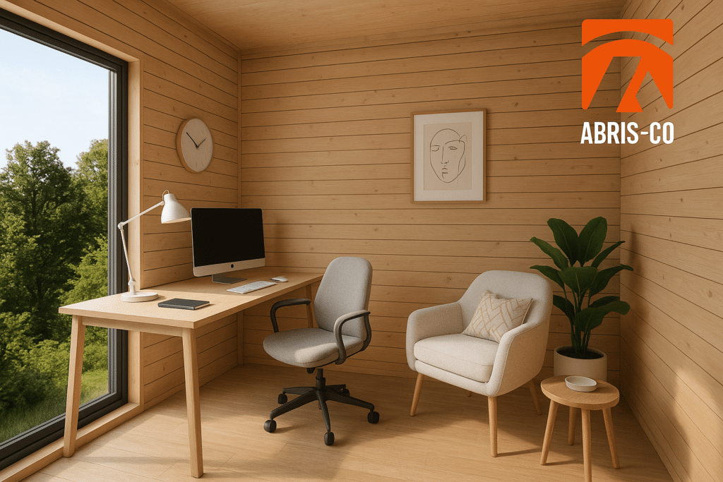 Intérieur chaleureux et moderne d’un bureau de jardin habitable en ossature bois