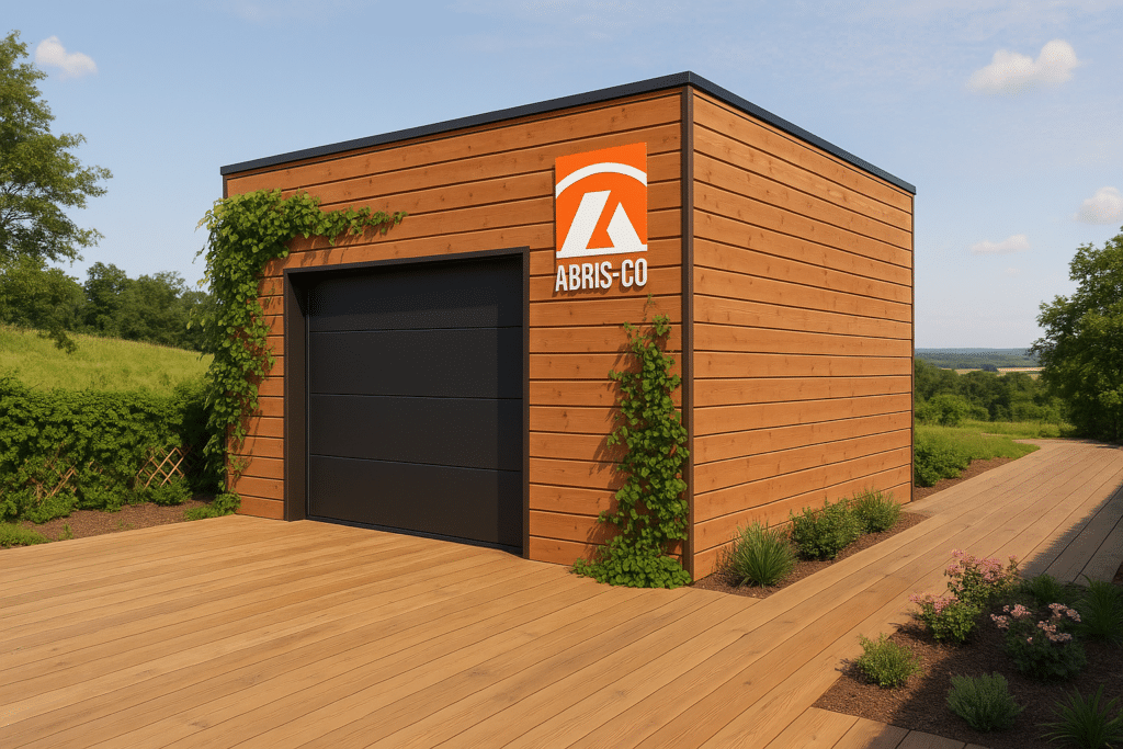 Les nouvelles influences et innovations du garage bois 1 voiture en 2026 2 Garage ossature bois sur mesure livré en kit, intégré dans un jardin avec aménagement paysager