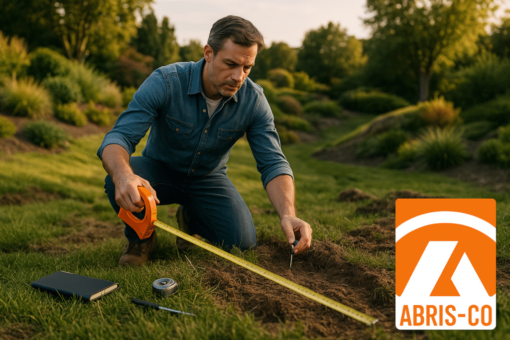 Client réalisant un diagnostic terrain préalable pour un abri de jardin haut de gamme