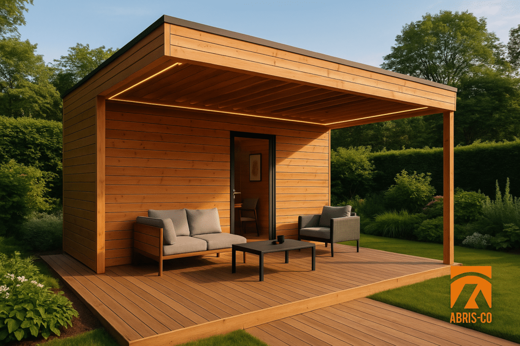 Pergola bois sur mesure avec éclairage intégré et mobilier extérieur contemporain, usage télétravail et détente