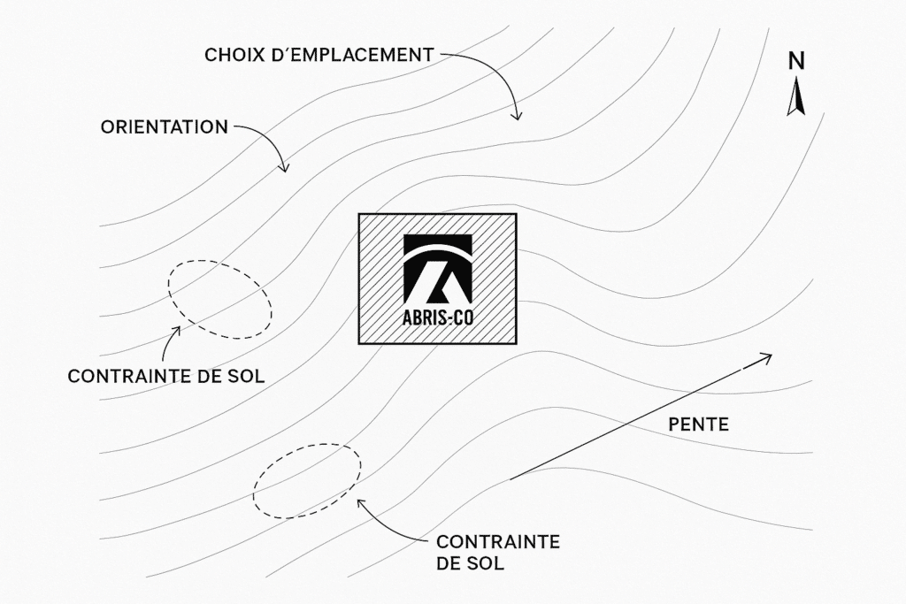 Plan technique d’implantation d’un abri bois sur terrain en pente