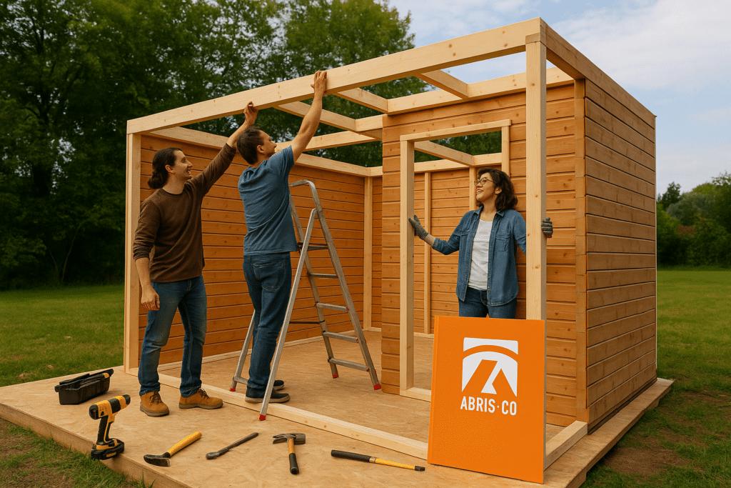 Montage d’un abri bois made in France livré en kit par une équipe d’autoconstructeurs