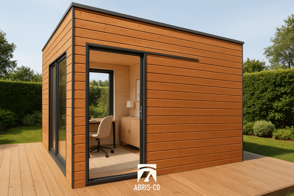 Studio de jardin bois aménagé en bureau de télétravail avec grandes baies vitrées et vue sur jardin