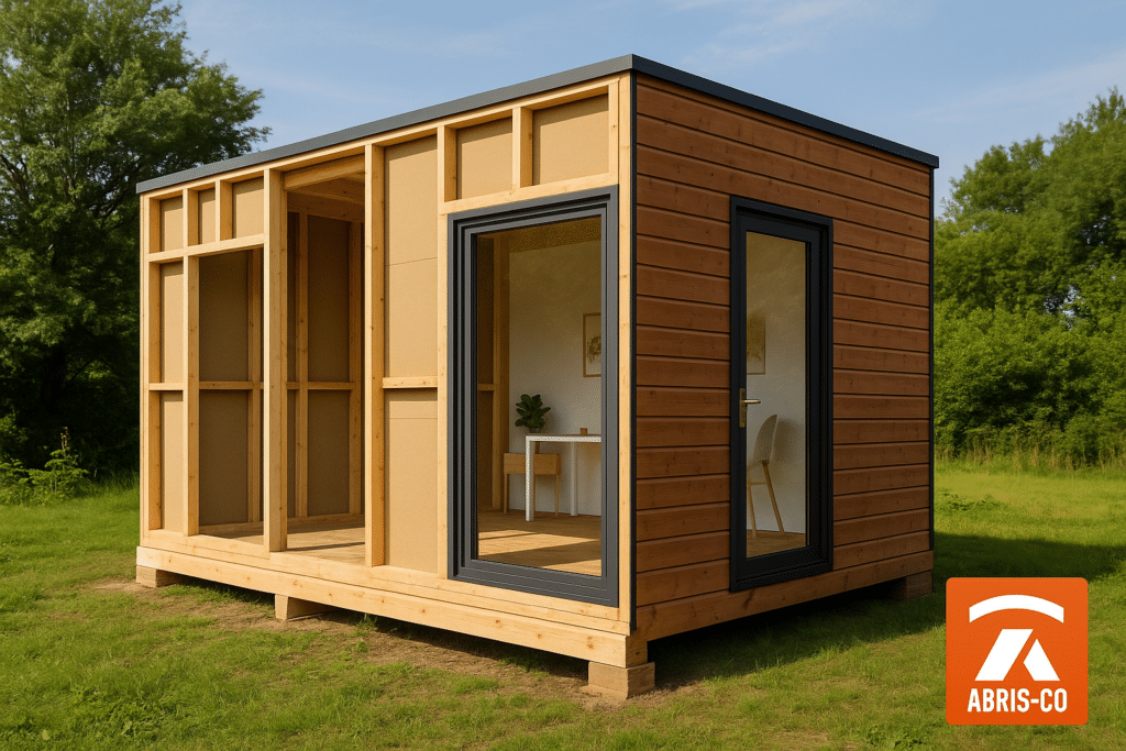 Montage d’un bureau de jardin en kit en ossature bois dans un jardin verdoyant