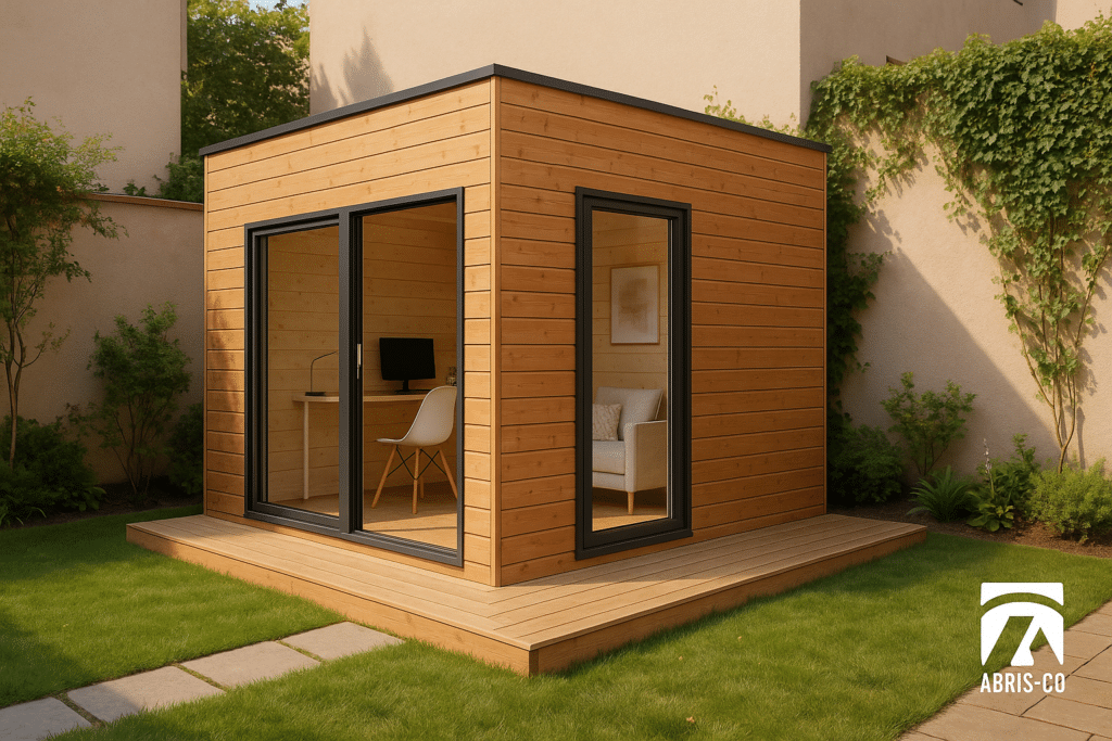 Intérieur d’un bureau de jardin en bois aménagé pour télétravail avec grandes fenêtres et mobilier moderne