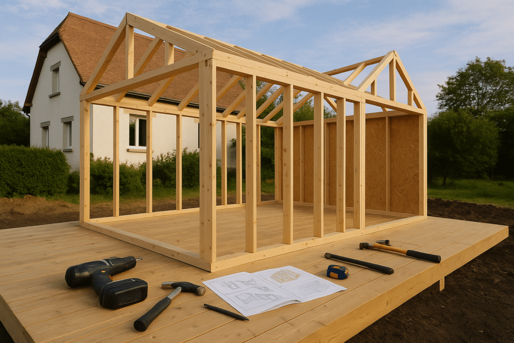 Évitez ces erreurs courantes pour réussir votre studio de jardin sur mesure 1 Chantier d'autoconstruction de studio de jardin en kit ossature bois, avec structure visible et notices