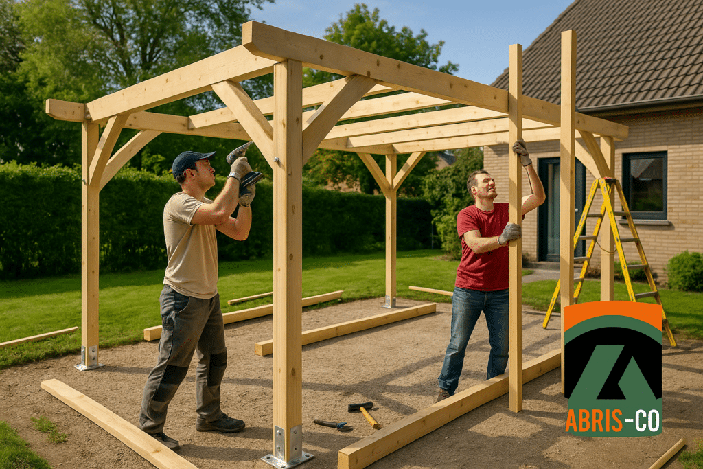 Montage étape d’un carport bois en kit, structure ossature bois et équipe en action dans un jardin