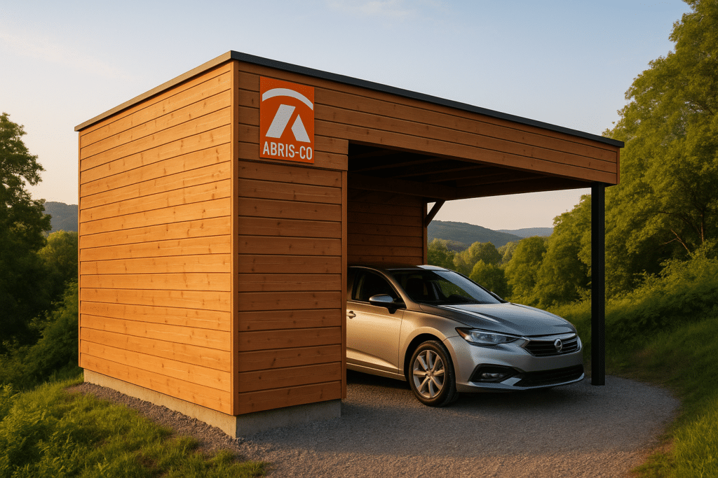 Carport bois sur mesure installé sur terrain en pente, avec bardage durable et toiture étanche, paysage naturel en Franche-Comté