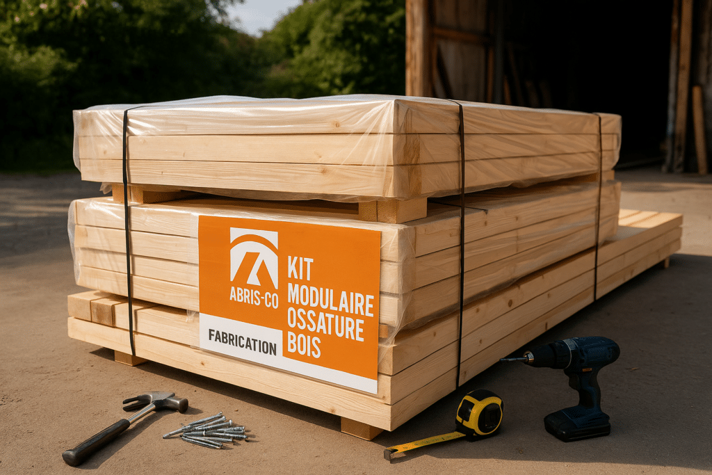 Palette de matériaux ossature bois en kit prête pour montage chez un particulier