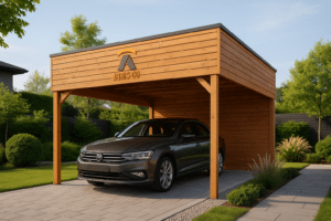 Accueil 9 Carport bois en kit installé dans un jardin moderne avec voiture garée, finition soignée et ambiance chaleureuse