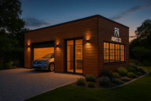 Accueil 9 Garage bois avec atelier intégré contemporain en ossature bois, bois naturel, toit plat, grand vitrage, voiture stationnée, environnement jardin paysagé