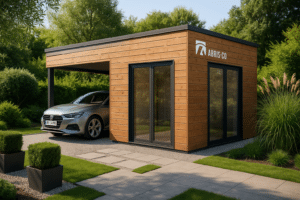 Accueil 9 Garage ossature bois toit plat moderne dans un jardin contemporain avec voiture stationnée