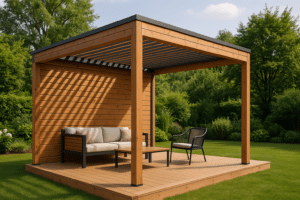 Pergola bois moderne installée dans un jardin contemporain avec mobilier de terrasse et végétation