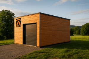 Garage ossature bois moderne et sur mesure dans le Jura avec bardage naturel classe 3