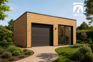Accueil 9 Garage bois 1 voiture moderne en ossature bois avec toiture plate dans un jardin contemporain