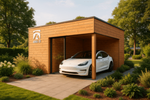 Accueil 9 Carport bois sur mesure moderne avec toit plat dans un jardin contemporain, finition bois naturel et véhicule garé sous l'abri
