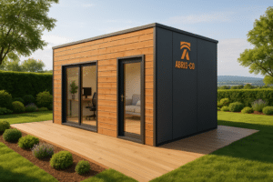 Accueil 10 Bureau de jardin habitable moderne en bois dans un jardin paysager avec grandes fenêtres et terrasse en bois
