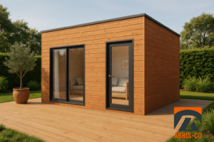 Abri de jardin en bois à toit plat moderne avec bardage en bois naturel dans un jardin contemporain