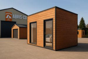 Atelier de fabrication d’ossature bois en France avec abri de jardin contemporain et garage en kit, fabrication Made in Jura