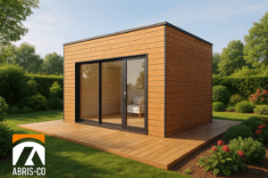 Accueil 9 Abri de jardin contemporain en ossature bois avec bardage naturel et toiture plate, situé dans un jardin moderne et aménagé en Franche-Comté.
