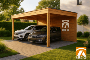 Carport bois moderne en kit, installé dans un jardin contemporain, avec véhicule protégé sous un toit plat en bois naturel