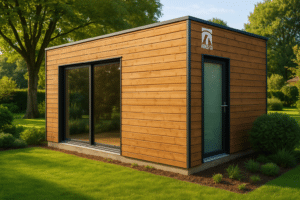 Studio de jardin en bois moderne posé dans un jardin français avec bardage naturel et grandes fenêtres