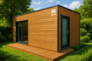 Chambre indépendante en bois sur mesure dans un jardin avec terrasse et végétation, intégration réussie en extérieur