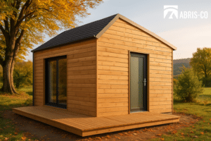 Tiny house en bois posée dans un jardin paysager avec terrasse, intégrée dans un environnement naturel verdoyant