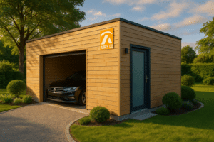 Garage ossature bois moderne en situation dans un jardin du Jura au coucher du soleil